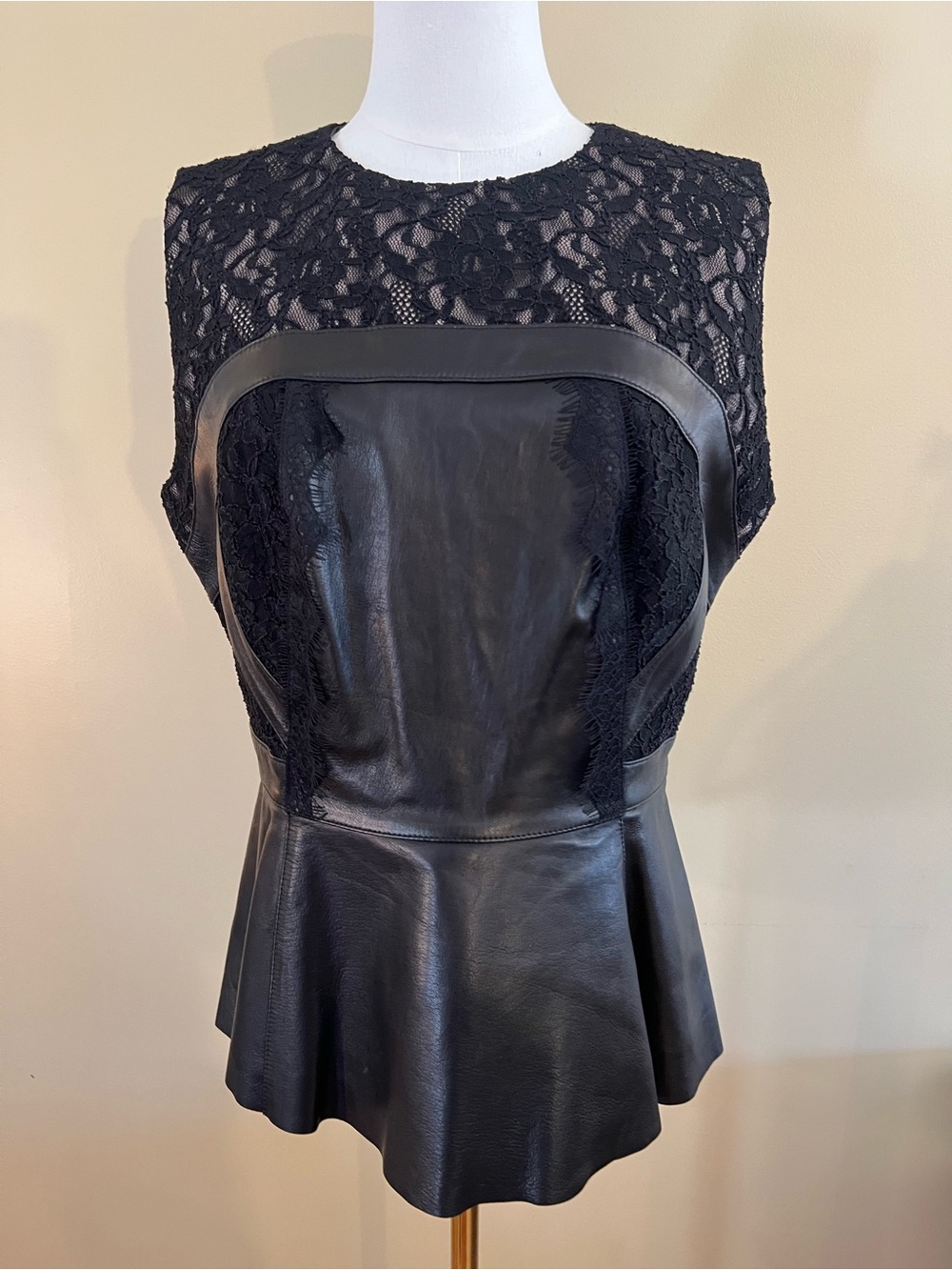 Black Lace & Real Leather Peplum Top